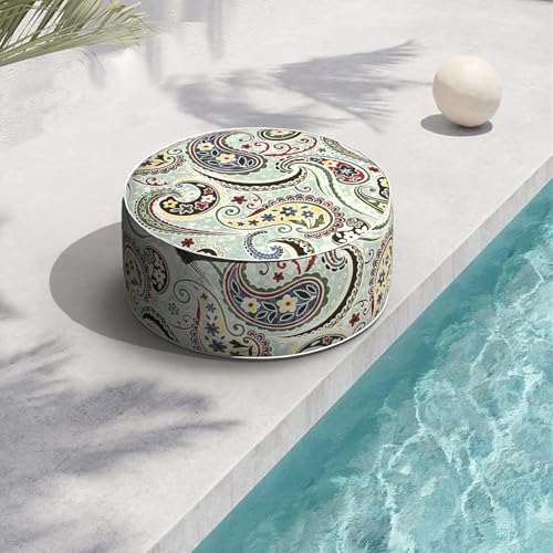 Indoor/Outdoor Inflatable Ottoman with Handle, Decorative Fade-Resistant Round Footstool D21 x H9 inch, Portable Ottoman Pouf for Patio Garden Camping, Paisley Lightcyan - color: Paisley Lightcyan, size: 21"D x 21"W x 9"H