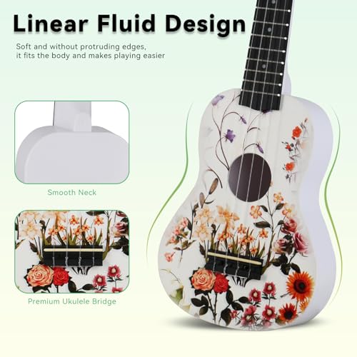 RANMING Ukulele 21 inch ukelele 4-String Ukulele Starter Kit with Strap, Picks,Carbon Strings Portable Plastic uku for Music Education Outdoor Travel Holiday Gifts Flower - color: white
