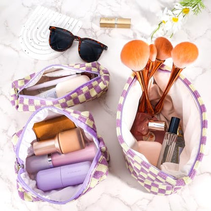 ZLFSRQ 3Pcs Checkered Makeup Bag for Women Large Small Checkered Cosmetic Bag Set Aesthetic Preppy Pencil Case Cute Pencil Pouch Purple Makeup Pouch for Purse Travel Toiletry Bags Zipper Skincare Bags - color: B-Checkered 3Pcs Mix Purple