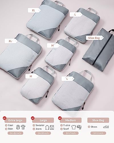 Meowoo 7 Set Compression Packing Cubes for Travel, Durable Ripstop Mesh Suitcase Organizer with Shoe Bag, Ultralight & Expandable Space Saver Travel Cubes - color: Gray