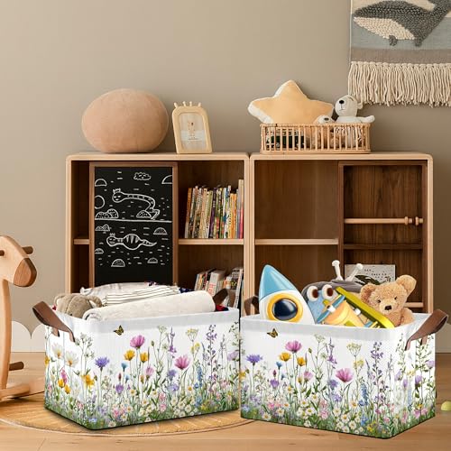 Wildflowers Butterfly Storage Baskets,Garden Herb Flower Foldable Large Capacity Organizer Bins with Waterproof Lining and Leather Handles for Closet,Shelf,Bedroom 17x11.5x10Inch - color: Wildflowers Butterfly Garden Herb Flower
