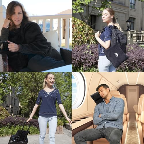 BlueHills Premium Soft Tall Travel Blanket Pillow Airplane Flight Blanket Long Throw in Bag Pillowcase with Backpack Clip Compact Large Long Traveling Essentials Portable Black T054 - color: Black-long-t054