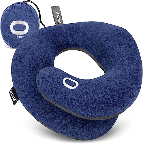 BCOZZY Travel Neck Pillow for Airplane – Patented Double Support for Head, Neck, and Chin. Best for Long Flights, Plane Sleeping, and Car Rides. Adjustable Size. Fully Washable. Carry Bag. Large, Navy - color: Navy, size: Large