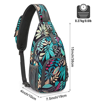 G4Free RFID Sling Bag Crossbody Backpack Small Chest Shoulder Bag Hiking Outdoor - color: Blue Leaf