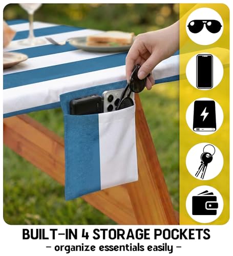 Picnic Table Cover with Bench Covers Tablecloth Fitted Table Cloth Camping Essentials Supplies Rv Travel Must Haves Gear Accessories Outdoor Road Trip Necessities Stuff Gadgets Camper Gadgets Items - color: Blue White Striped, size: 72in