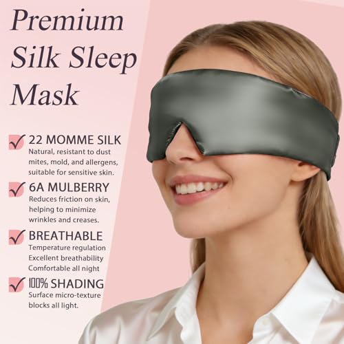 Silk Sleep Eye Mask for Side Sleeper Men Women, Eye Mask Sleeping 100% 22 Momme Pure Mulberry Silk for Night Sleep, Travel, Face-Hugging Padded Eye Cover for Sleeping with Adjustable Band-Grey - color: Grey