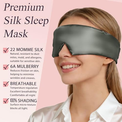 Silk Sleep Eye Mask for Side Sleeper Men Women, Eye Mask Sleeping 100% 22 Momme Pure Mulberry Silk for Night Sleep, Travel, Face-Hugging Padded Eye Cover for Sleeping with Adjustable Band-Grey - color: Grey