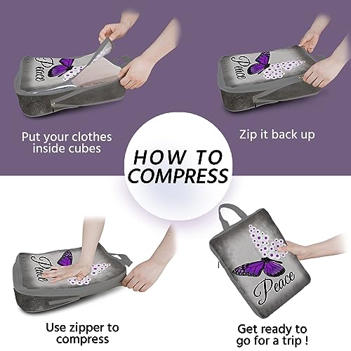 6 Pcs Compression Packing Cubes Waterproof Suitcase Travel Bag Luggage Backpack Organizer Travel Cubes for Packing-Purple Butterfly - color: Purple Butterfly