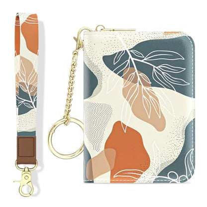Aiawoxc Credit Card Holder, Small RFID Wallet Slim Leather Card Organizer Case with Zipper and Wristlet Strap, Abstract Boho Leaf - color: B-Desert Leaf, size: Wrist Strap