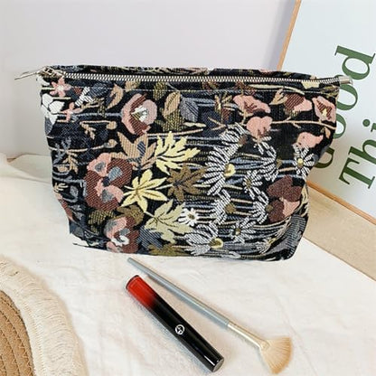 HAPPYHEIDI Cute Floral Makeup Bag Cosmetic Travel Pouch with Bottom and Zipper, Purse Make Up Organizer, Aesthetic Textured Fabric, Large - color: Classic Black Floral Large