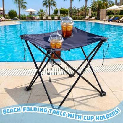 Cinnvoice Portable Folding Camping Table Lightweight Folding Beach Stand with 2 Cup Holders and Carry Bag for Camp Beach Travel Fishing and Outdoor Activities, Blue