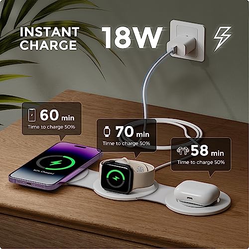 Hicober 3 in 1 Wireless Charging Station for iPhone 15, Magnetic Foldable Travel Charger Station Stand 18W for iPhone Air 17 16 15 14 13 12 Pro/Max/Plus/Apple Watch All Series & Airpods - color: B-White