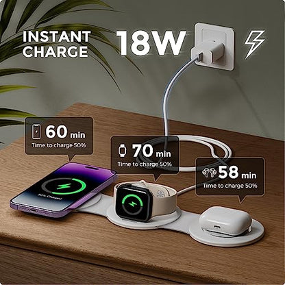 Hicober 3 in 1 Wireless Charging Station for iPhone 15, Magnetic Foldable Travel Charger Station Stand 18W for iPhone Air 17 16 15 14 13 12 Pro/Max/Plus/Apple Watch All Series & Airpods - color: B-White