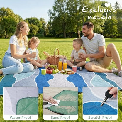 Exclusivo Mezcla Extra Large Waterproof Picnic Blankets 3 Layer, Sandproof and Foldable Outdoor Blanket for Beach Camping, Park and Travel - color: Waved Blue