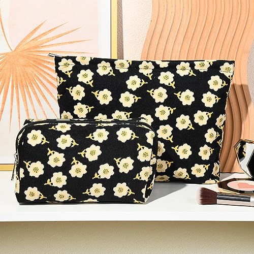 SOIDRAM 2 Pieces Flower Makeup Bag Large Cosmetic Bag Capacity Canvas Mix Travel Toiletry Bag Organizer Cute Makeup Brushes Aesthetic Accessories Storage Bag for Women, Flower Mix Black - color: Black Flower