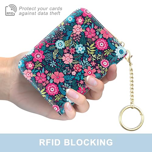 Aiawoxc Credit Card Holder, Small RFID Wallet Slim Leather Card Organizer Case with Zipper and Wristlet Strap, Elegant Flowers - color: B-Elegant Flowers, size: Wrist Strap