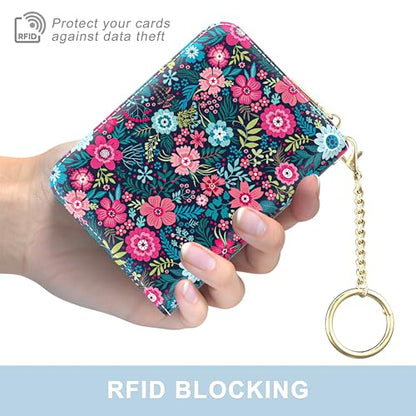 Aiawoxc Credit Card Holder, Small RFID Wallet Slim Leather Card Organizer Case with Zipper and Wristlet Strap, Elegant Flowers - color: B-Elegant Flowers, size: Wrist Strap