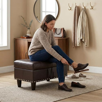 28.5 Inch Storage Ottoman Bench with Hidden Storage, PU Leather Upholstered Foot Rest Stool, Tufted End of Bed Bench for Bedroom Living Room, Easy to Clean, Linen Brown - color: Dark Brown