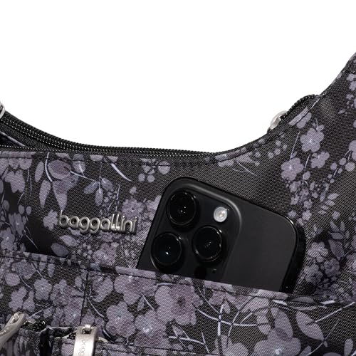 Baggallini Crossbody Travel Bag 11x8.5 Lightweight Water-resistant Nylon Handbag - color: Black Hydrangea