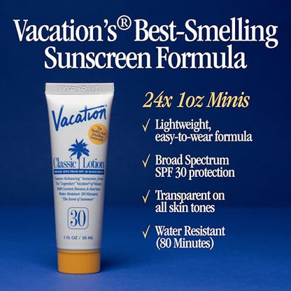 Vacation Mini Classic SPF 30 Sunscreen Lotion, 1 Fluid Ounce, Pack of 24 - Invisible, No White Cast, Water-Resistant, Vegan, Dermatologist-Tested, Travel Size - size: 1 Fl Oz (Pack of 24), style: SPF 30