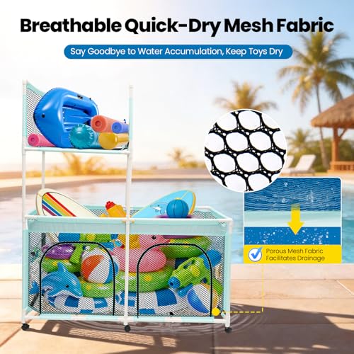 Pool Float Storage Bin 271 Gallon - 2-in-1 XX-Large Outdoor Pool Toy Storage Holder for Raft Noodles Inflatables Towels Balls, 9 Wheels Mesh Rolling Organizer Car Bin for Swimming Equipments
