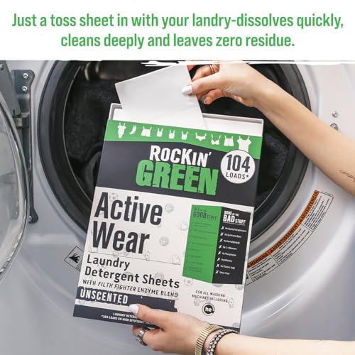 Rockin' Green Active Wear Travel Laundry Detergent Sheets Unscented - Mess-Free Laundry Sheets Detergent with Sodium Bicarbonate - Easily Dissolvable Laundry Soap for Traveling (104 Loads) - size: 104 Loads