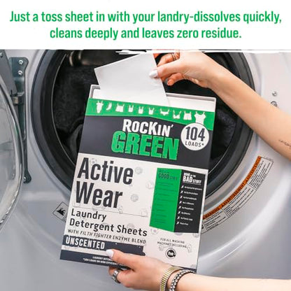 Rockin' Green Active Wear Travel Laundry Detergent Sheets Unscented - Mess-Free Laundry Sheets Detergent with Sodium Bicarbonate - Easily Dissolvable Laundry Soap for Traveling (104 Loads) - size: 104 Loads