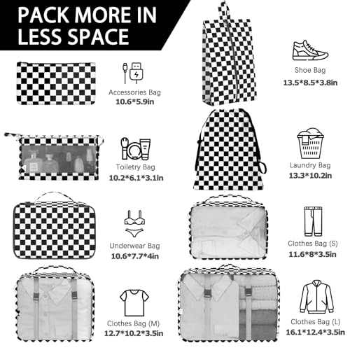 KPX 8 Set Packing Cubes for Travel, Luggage Packing Organizers Accessories Large Toiletries Bag for Clothes Shoes Cosmetics (8Set-Black Checkered) - color: 8Set-Black Checkered