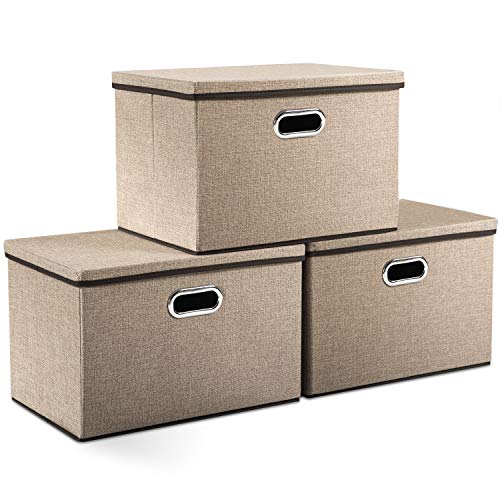PRANDOM Large Collapsible Storage Bins with Lids [3-Pack] Jute Fabric Foldable Storage Boxes Organizer Containers Baskets Cube with Cover for Home Bedroom Closet Office Nursery (17.7x11.8x11.8) - color: Khaki, size: L(3-Pack)