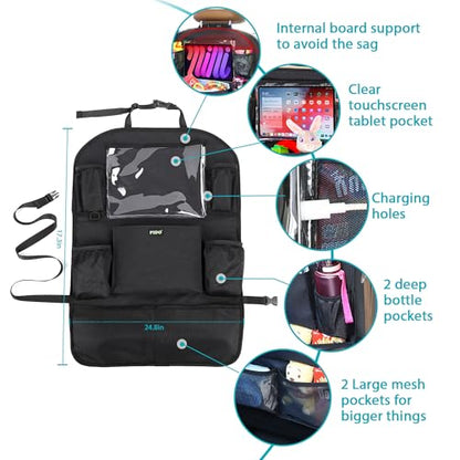 PIDO Backseat Car Organizer, Car Seat Organizer for Kids with Touch Screen Tablet Holder and 8 Pockets, Automotive Seat Back Kick Mat Made with Heavy Duty Fabric, Road Trip Essentials, 2 Pack