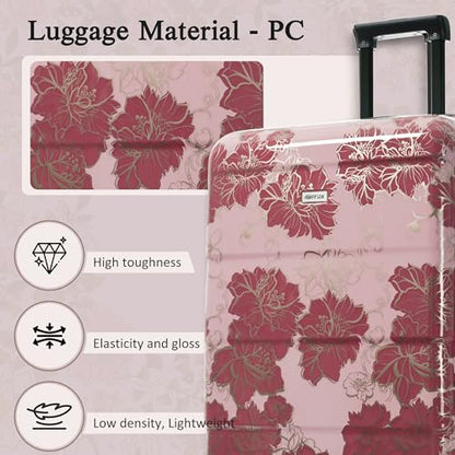 Merax Luggage Set,5 Piece Luggage with Handbag and Cosmetic Case,Harside Printing Suitcase with Wheels,Carry on Luggage Airline Approved(Purple Pink Flower,8/14/20/24/28) - color: Purple Pink Flower, style: 8/14/20/24/28