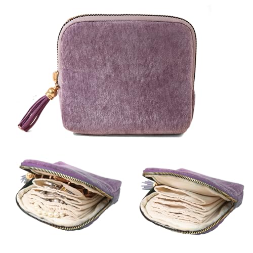 Small Jewelry Travel Case, Portable Travel Jewelry Organizer Soft Velvet Organizer Pouch Mini Travel Jewelry Bag with Zipper for Earring Crystal Bracelet Ring,Anti-Scratch(Purple) - color: Purple