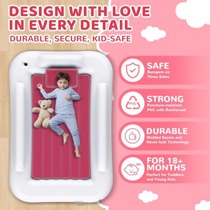 Inflatable Toddler Travel Bed - 60 Inches Portable Toddler Bed for Travel with Safety Sides - Cozy Kids Air Mattress Set with High-Speed Pump & Carry Case - Lightweight & Easy to Inflate(Pink) - color: Pink