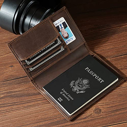 Polare Slim RFID Blocking Leather Passport Holder Travel Bifold Wallet For Men(Dark Brown Compass) - color: Dark Brown Compass
