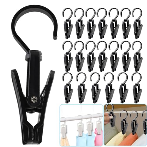 VinBee 20 PCS Laundry Hooks with Clips Super Strong Plastic Home Travel Swivel Hanging Hanger Closet Organizer Clamps Socks Boot Bras Towels for Bathroom Wardrobe Kitchen Office - 4.3 Inches (Black) - color: Black