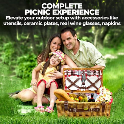 Nature Gear Picnic Basket, Wicker Basket with Handle for Outdoors, Insulated Woven Basket, Includes a Service Kit of Dinnerware & Wine Glasses, Picnic Basket Set for 4 with Blanket, Red & White - color: Red & White & Blanket