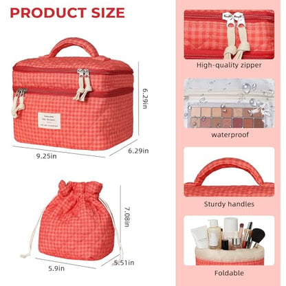 Gosect Makeup Bag, Quilted Cosmetic Bag Set, Drawstring Makeup Bag with Canvas Lining, Large Floral Toiletry Bag for Women Girls, Cute Cotton Flower Travel Organizer Bag(Red Flower - color: Red Flower