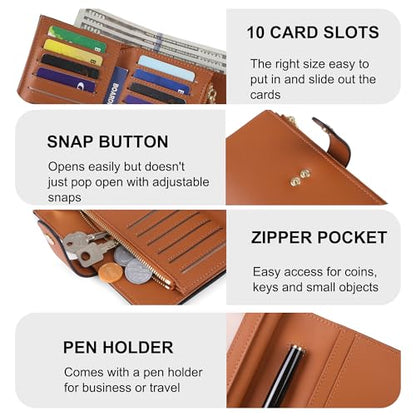 yiijay Wallet Women RFID Blocking Multi Cards Wallet Credit Card Holder for Women Large Capacity Lady Leather Trifold Travel Wallet with Pen Holder - color: 2Brown