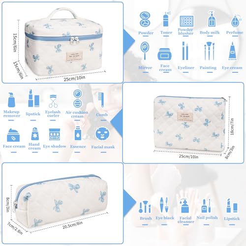 Gosect 3PC Makeup Bag Set, Quilted Makeup Bag, Large Floral Cosmetic Bag for Women, Cute Cotton Makeup Bags, Flower Travel Toiletry Organizer Bag (White and Blue Bow) - color: Pink Plaid Bow