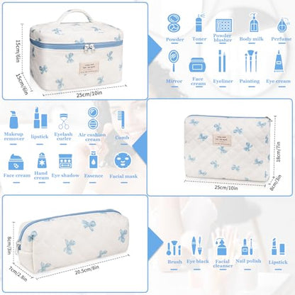 Gosect 3PC Makeup Bag Set, Quilted Makeup Bag, Large Floral Cosmetic Bag for Women, Cute Cotton Makeup Bags, Flower Travel Toiletry Organizer Bag (White and Blue Bow) - color: Pink Plaid Bow