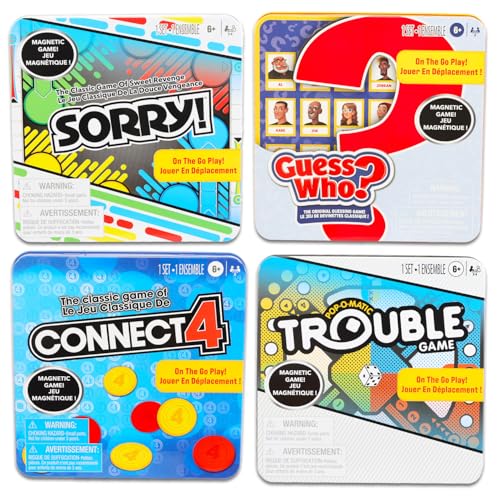 Hasbro Gaming Magnetic Game Travel Set for Kids - Bundle with 4 Travel Games in Tin Featuring Connect 4, Sorry, Trouble, Guess Who Plus Stickers | Travel Games for Kids 8-12