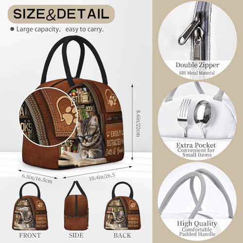 Cute Cat Lunch Box for Women Reusable Funny Cats Reading Books Lunch Boxes Insulated Cute Animal Cat Lover Lunch Tote Bag for Men & Women Office Work Travel Picnic - color: Cat