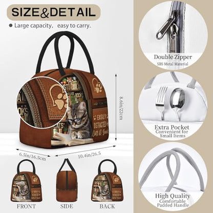 Cute Cat Lunch Box for Women Reusable Funny Cats Reading Books Lunch Boxes Insulated Cute Animal Cat Lover Lunch Tote Bag for Men & Women Office Work Travel Picnic - color: Cat
