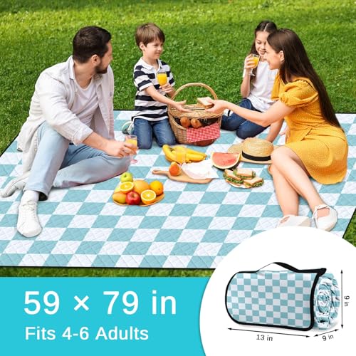 Waterproof Picnic Outdoor Blanket, 79" x 59" Sandproof Foldable Large Picnic Blanket for Beach, Camping, Park, Travel, Concert, Great Gift for Families and Couples (Aqua Checkered) - color: Aqua Checked