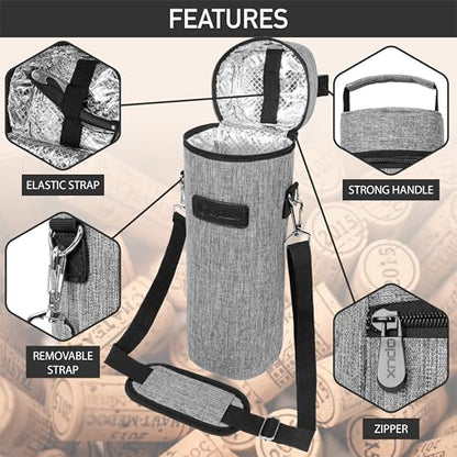 opux Wine Bag Single Bottle Carrier Tote, Insulated Wine Cooler Bag for Travel Picnic Beach with Shoulder Strap, Thermal One Bottle Holder Carrying Case Wine Gift for Women Men, Heather Light Gray - color: Heather Gray