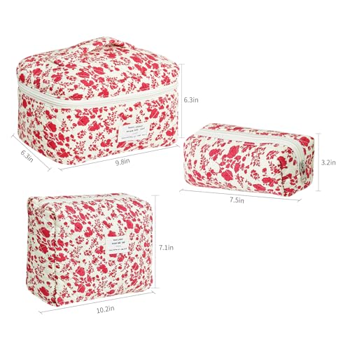 GISMTR 3Pcs Makeup Bag Cotton Quilted Travel Cosmetic Bag Cute Floral Makeup Pouch Large Toiletry Bag for Women Girls - color: Red flowers