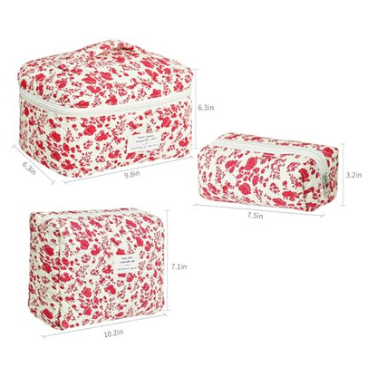 GISMTR 3Pcs Makeup Bag Cotton Quilted Travel Cosmetic Bag Cute Floral Makeup Pouch Large Toiletry Bag for Women Girls - color: Red flowers