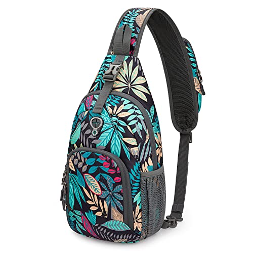 G4Free RFID Sling Bag Crossbody Backpack Small Chest Shoulder Bag Hiking Outdoor - color: Blue Leaf
