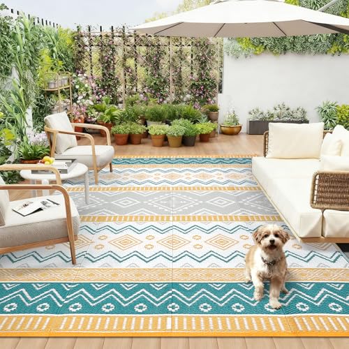 GarveeHome Waterproof Outdoor Rug 9x18, Modern Geometric Reversible Plastic Straw Patio Camping Rug, Outdoor RV Mat Carpet for Deck, Camper, Porch, Balcony, Backyard, Picnic, Yellow/Green/Gray/White - color: Yellow/Green/Grey/White, size: 9' x 18' (Rectan