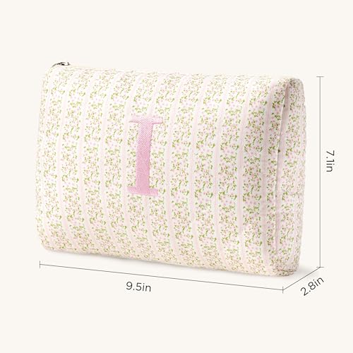 HBselect Initial Quilted Makeup Bag, Pink Cosmetic Travel Toiletry Bag, Flowers Coquette Zipper Make Up Pouch Organizer Teen Girl Gift Trendy Stuff I - color: 1Pc Medium Pinkflower, style: I